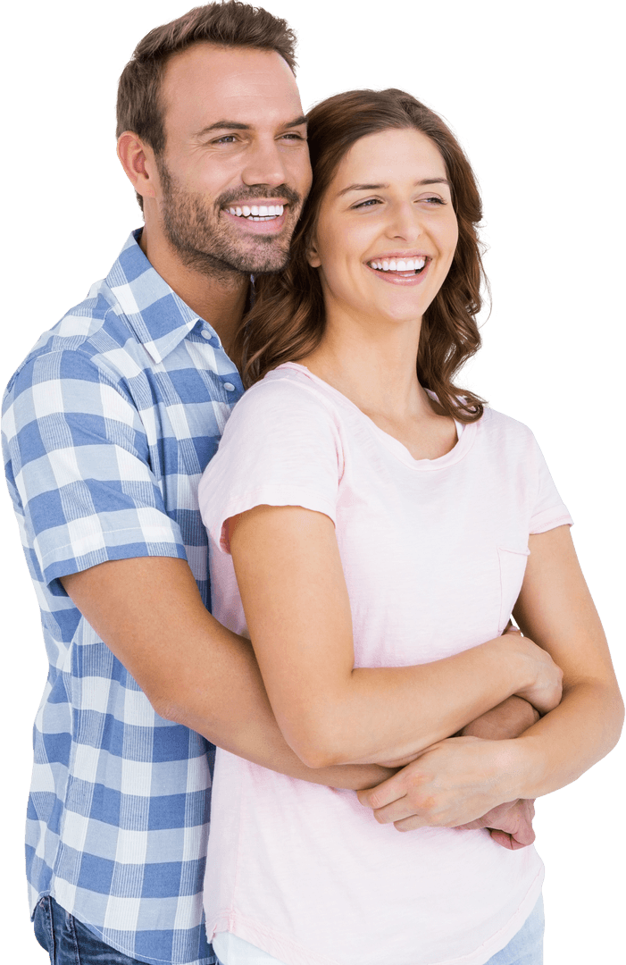 Transparent Joyful Couple Embracing in Casual Attire