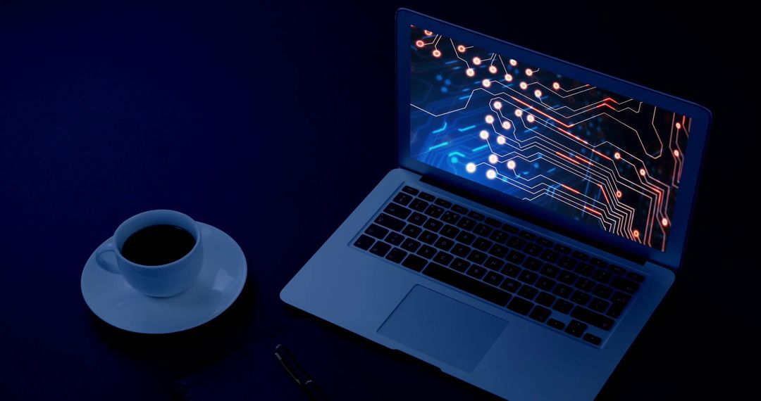 Futuristic Visualization on Laptop with Coffee at Night