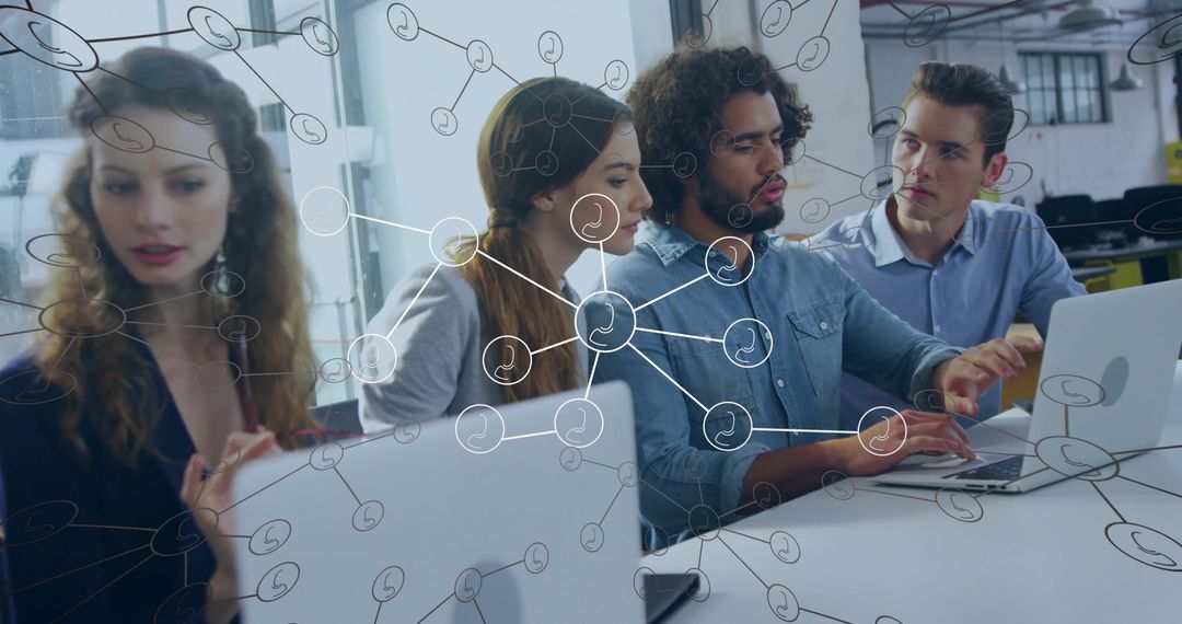 Team Collaborating with Digital Network Concept in Modern Office