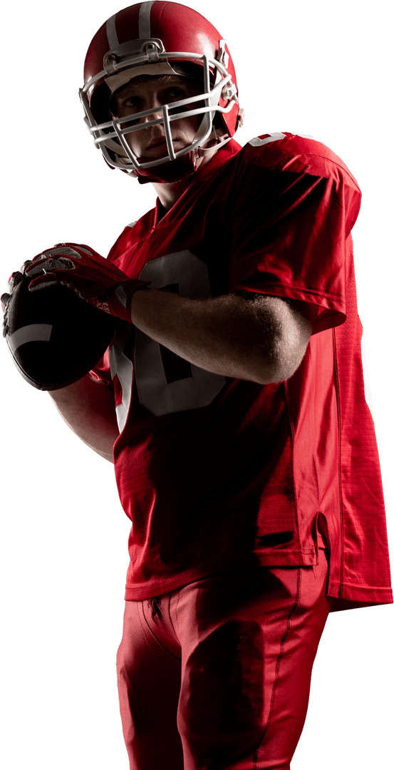 Athletic Football Player in Red Uniform Sizing Opponent up on Transparent Background