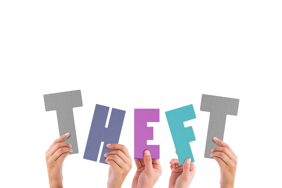 Transparent Hands Holding Theft Text Sign