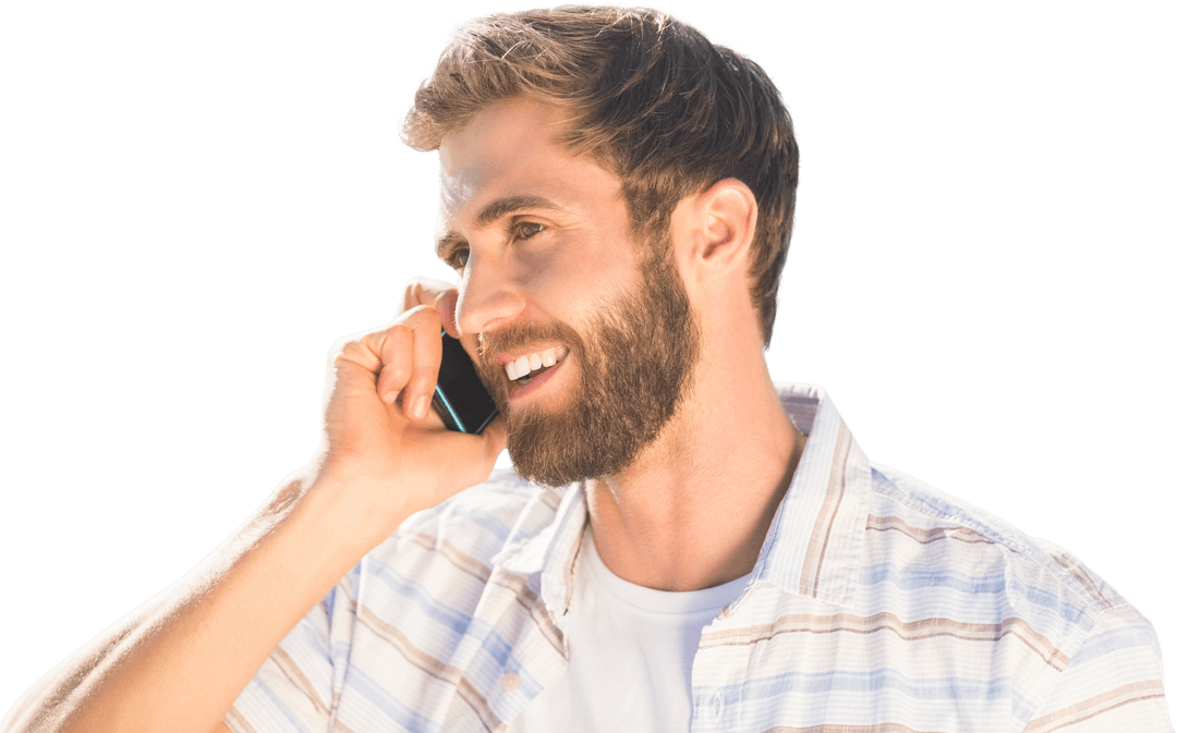 Caucasian Man Smiling While Talking on Smartphone Transparent Background