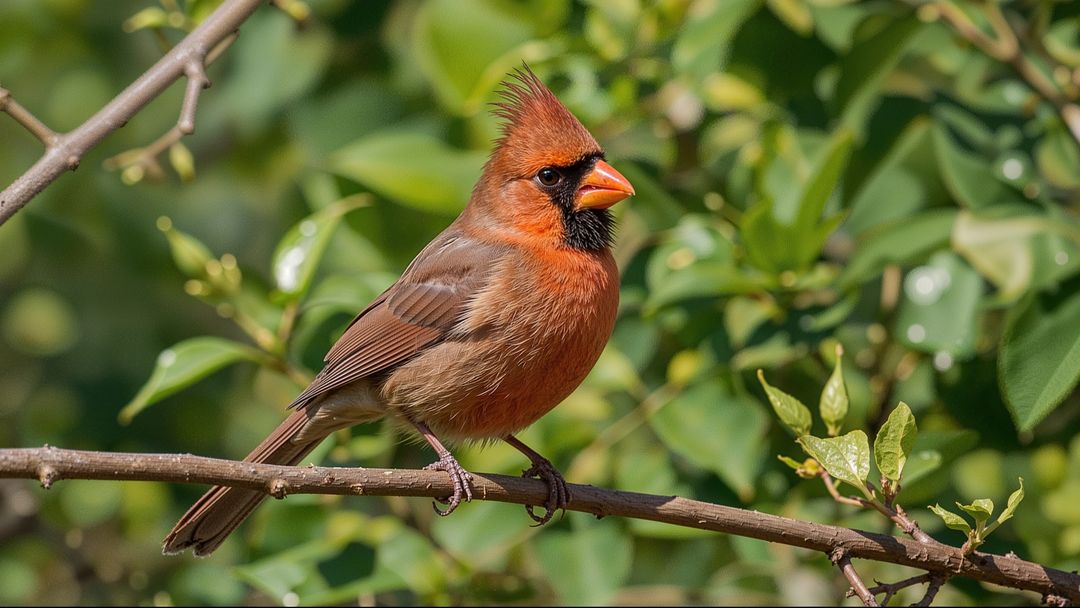 Vibrant Cardinal on Branch with Raised Crest in Lush Garden