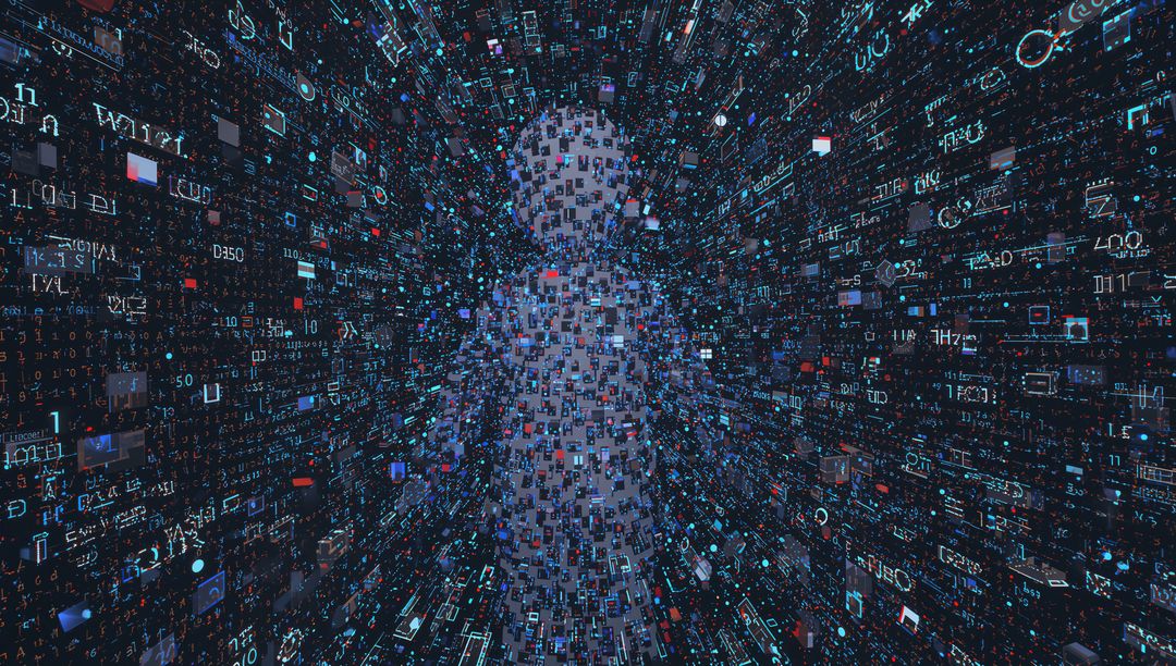 Forming Data-Human Silhouette Radiating Through Neon Cyberspace Tunnel of Code