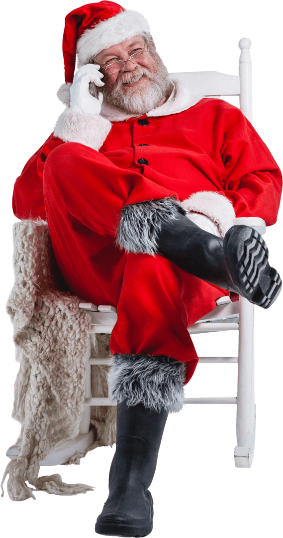 Santa Claus in Authentic Red Suit Conversing on Mobile Transparent Background