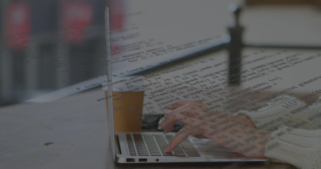 Hands Typing on Laptop with Digital Data Overlay, Concept of Global Business