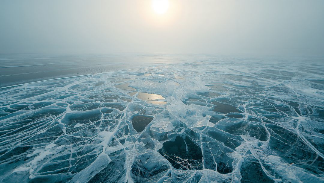 Sunlit Cracked Ice Patterns on Frozen Lake with Misty Horizon