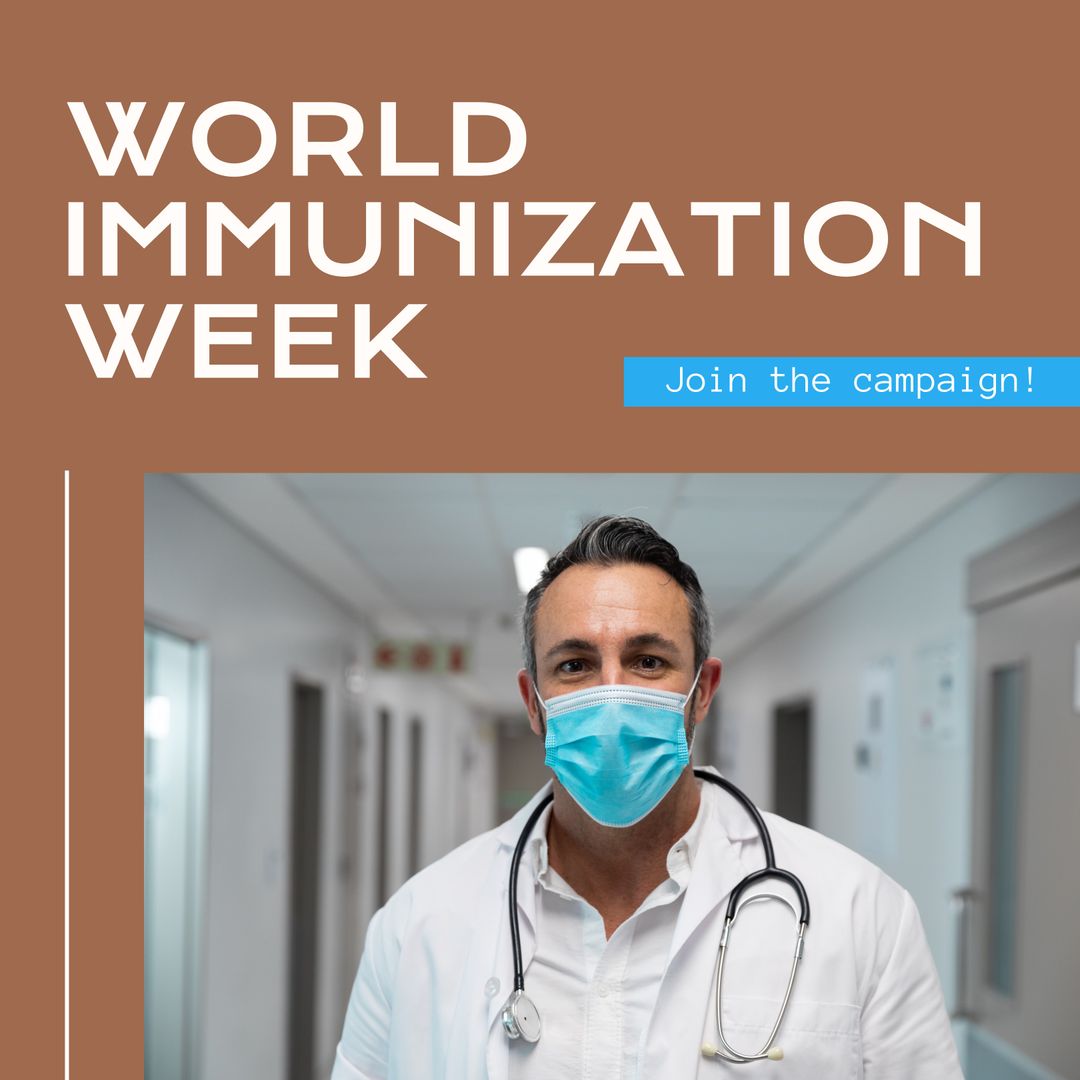 World Immunization Week Campaign with Male Doctor Wearing Face Mask - Download Free Stock Templates Pikwizard.com