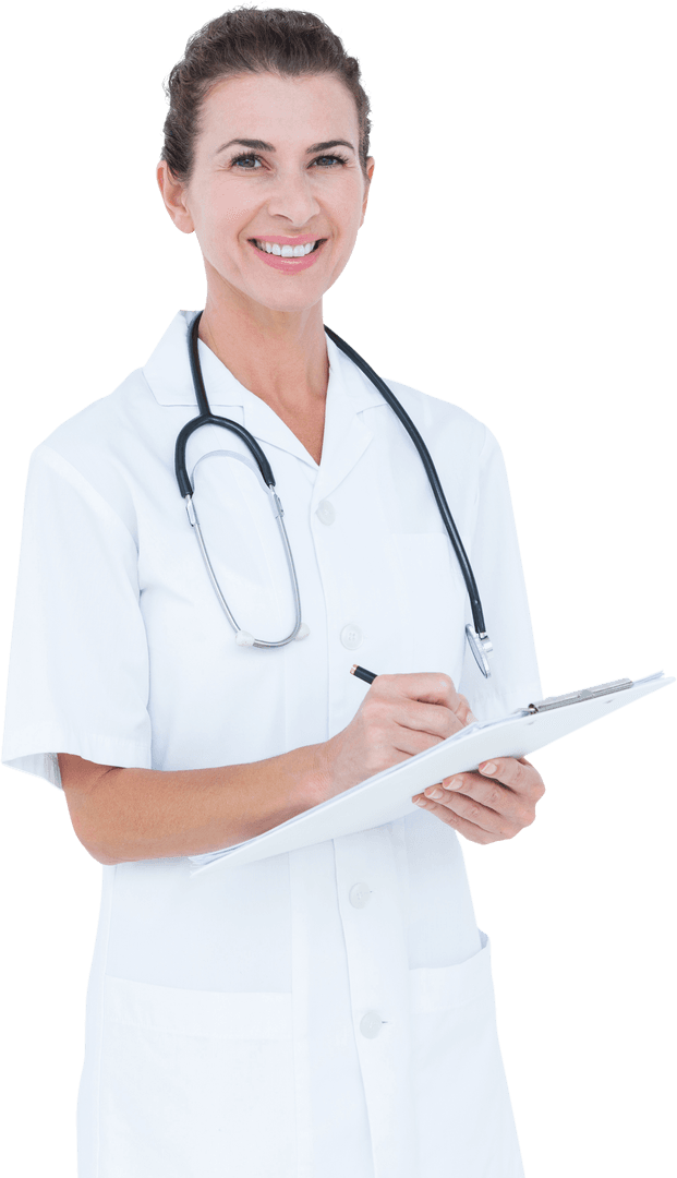 Transparent Smiling Female Doctor Writing on Clipboard