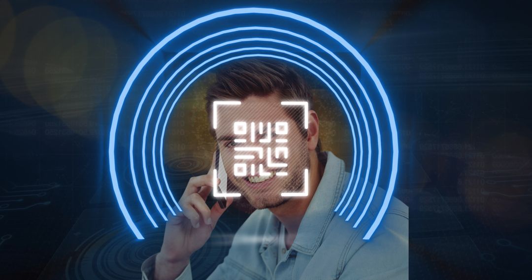 Businessman with QR Code Elements and Futuristic Interface