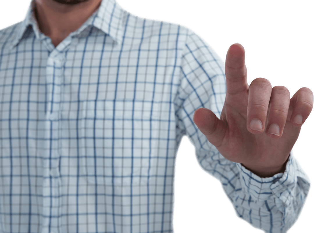 Man Interacting Transparent Screen in Plaid Shirt