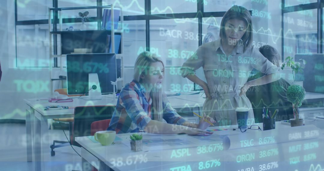 Females Collaborating in Office with Stock Market Overlay