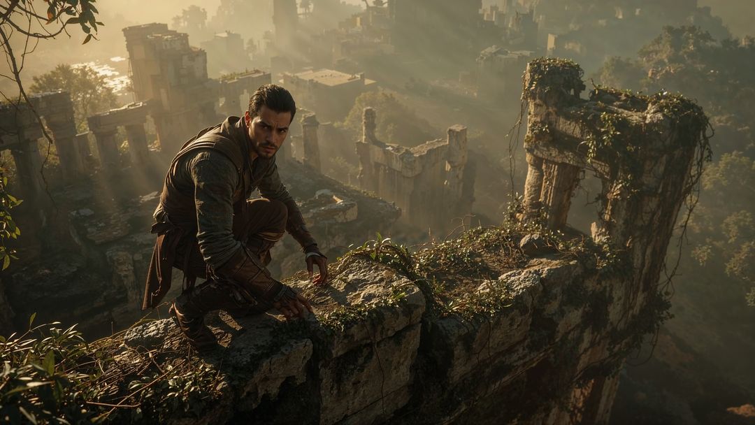 Intrepid assassin explorer overlooking ancient jungle ruin