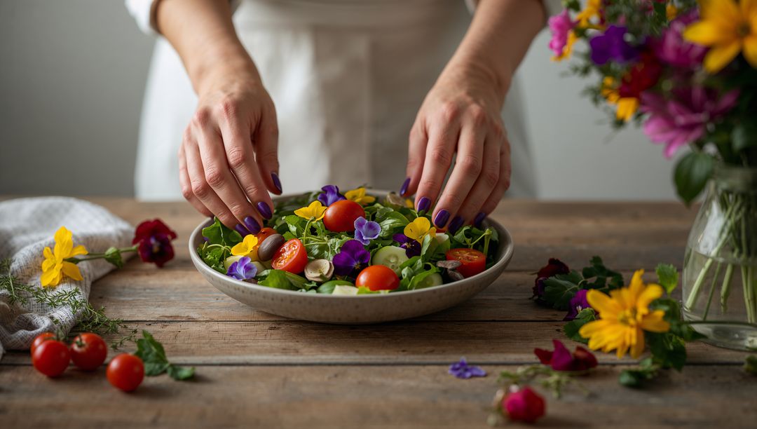 Chef arranging edible flower salad with cherry tomatoes and mixed greens on rustic table