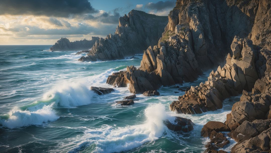 Rugged Coastline with Crashing Waves at Remote Seaside