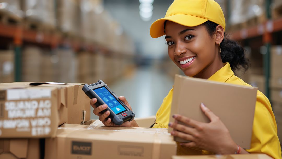 Warehouse Operator Scanning Inventory on Boxes with Barcode Scanner