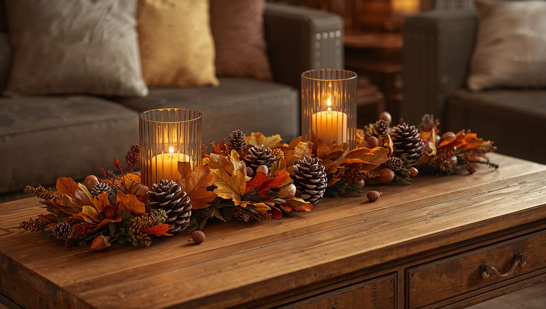 Cozy Autumn Centerpiece with Candles on Rustic Coffee Table