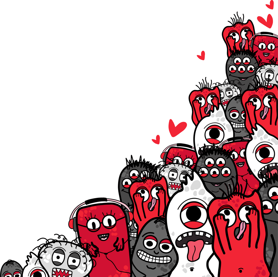 Cartoon Monsters and Hearts on Transparent Background with Copy Space