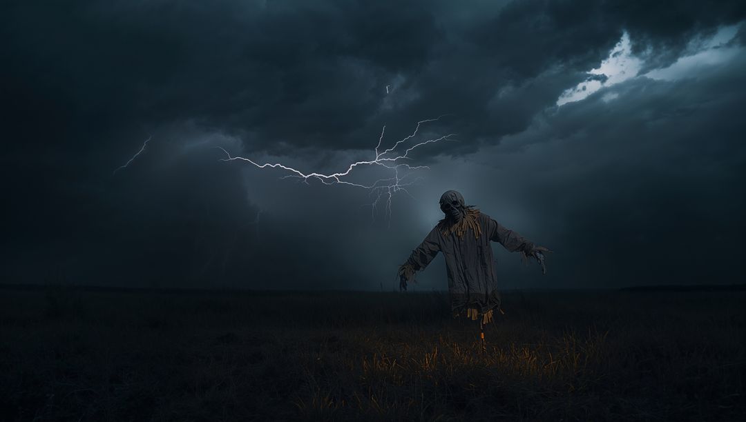 Ominous Scarecrow in Lightning Storm with Moody Atmosphere