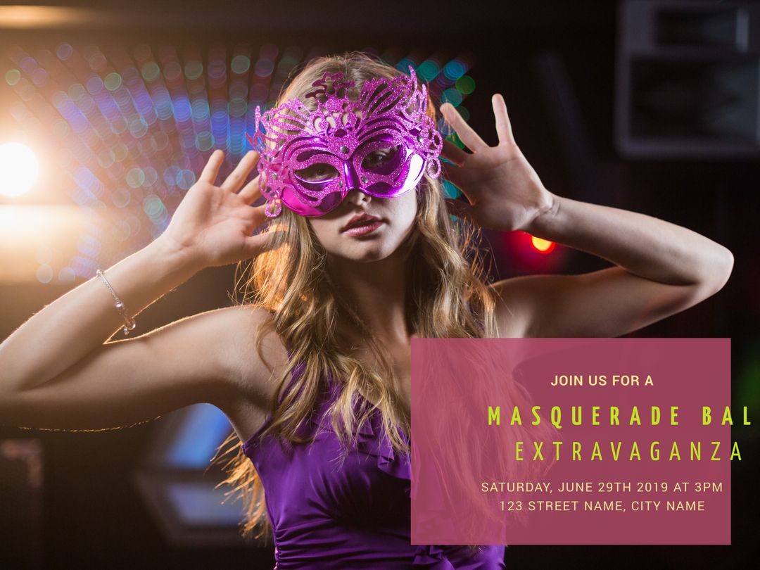 Elegant Masquerade Ball Extravaganza Invitation with Woman Wearing Purple Mask - Download Free Stock Templates Pikwizard.com