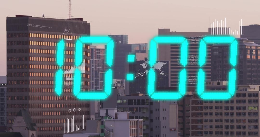 Digital Clock Overlay on Urban Skyline at Dusk