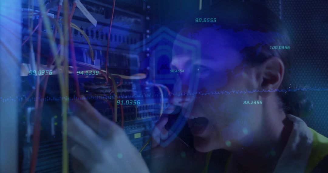 Technician Managing Server Cables in High-Tech Environment