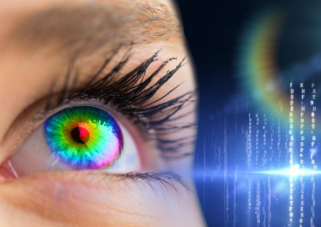 Colorful futuristic eye with digital interface reflecting data - Free Images, Stock Photos and Pictures on Pikwizard.com