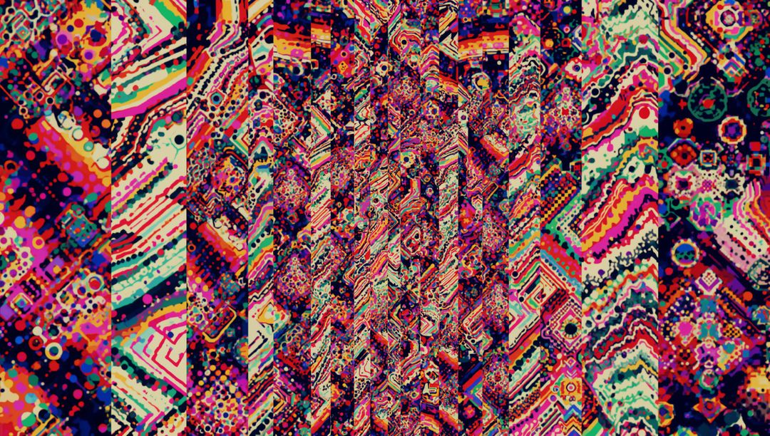 Vibrant Abstract Artwork with Colorful Vertical Stripes and Glitch Overlays