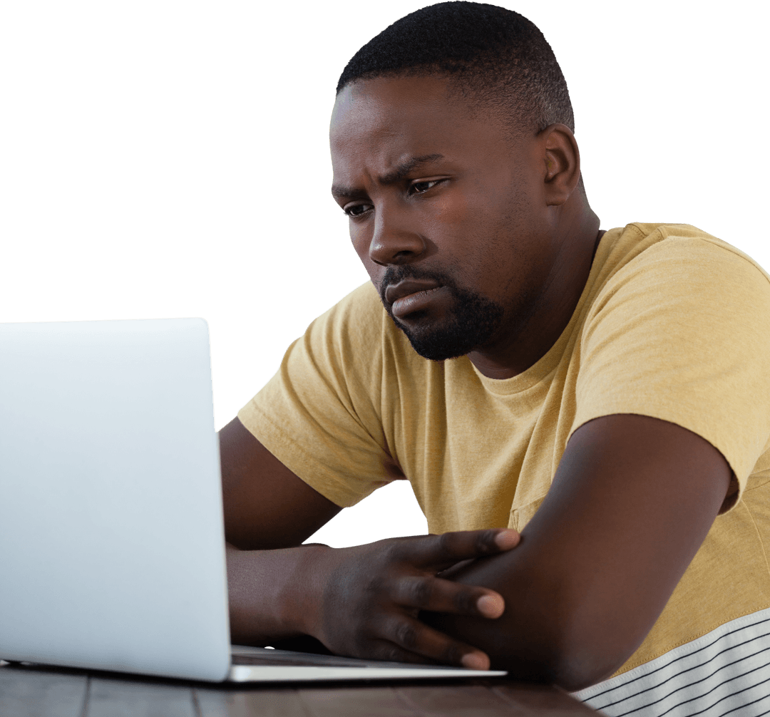 Thoughtful Man Examining Laptop Screen on Transparent Background