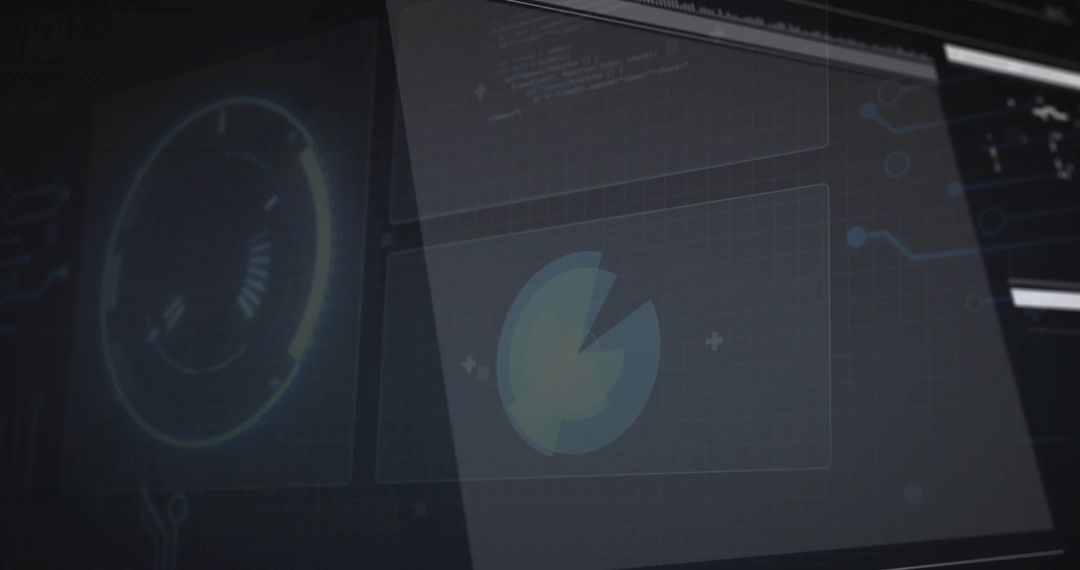 Futuristic Control Room Interface with Data Visualization and Code Overlay