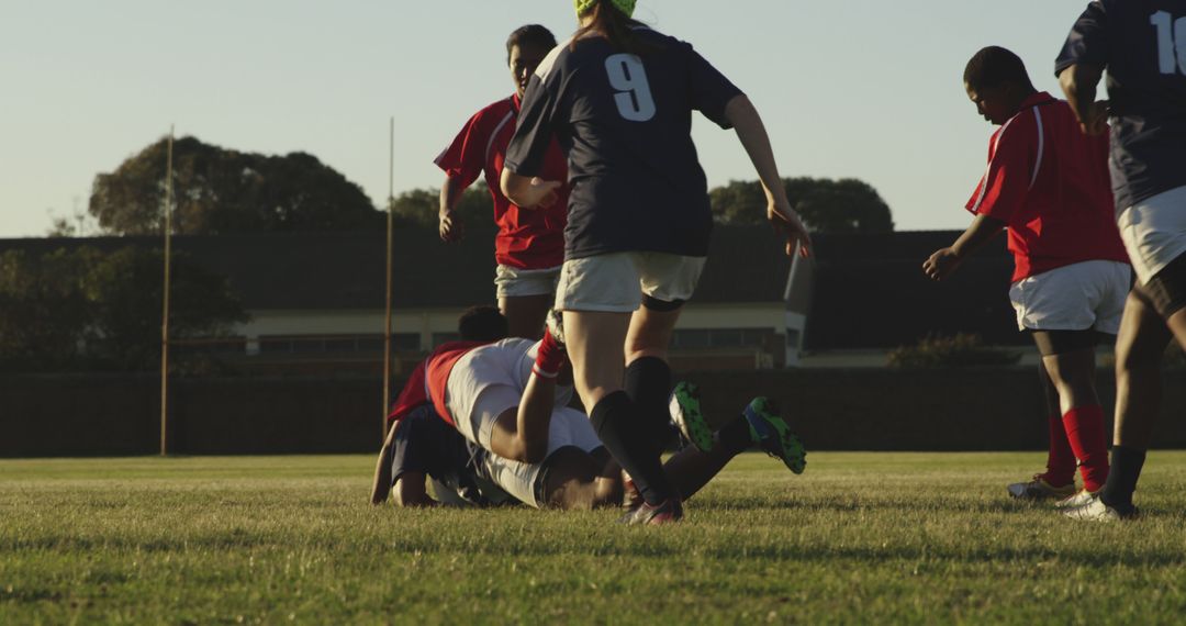 Intense Rugby Match in Action with Players Tackling on Green Field - Free Images, Stock Photos and Pictures on Pikwizard.com