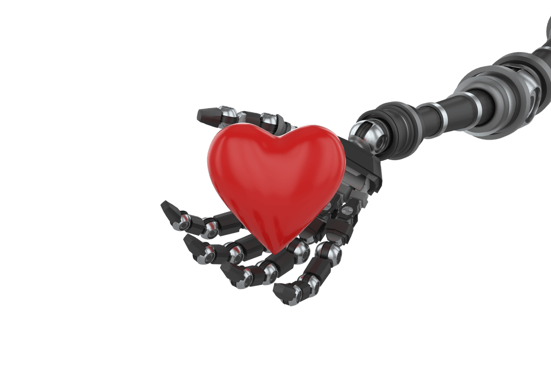 Transparent Robotic Hand Holding Heart Symbol for Innovation and Love