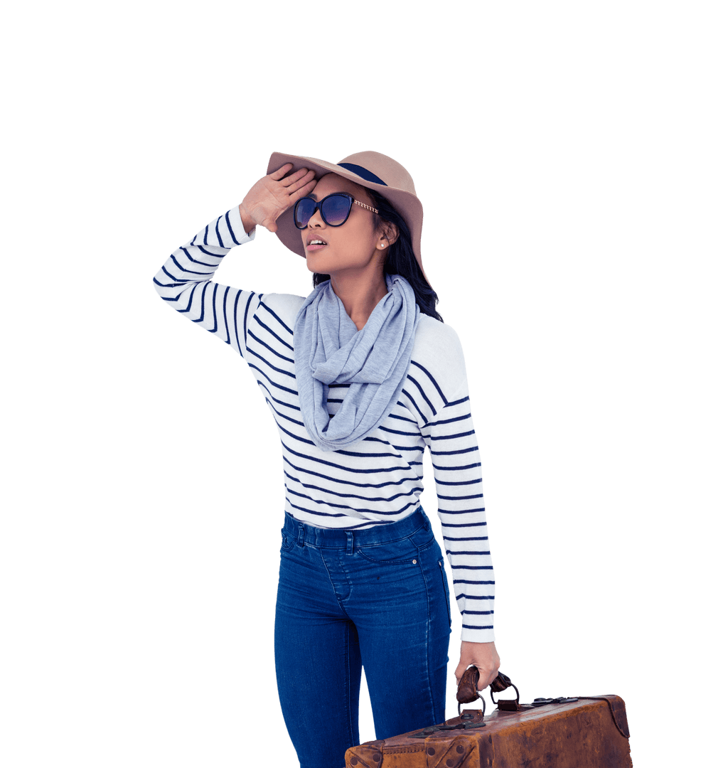 Stylish Woman with Luggage in Transparent Background