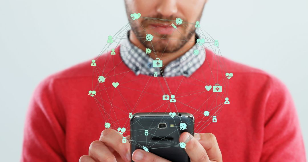 Man Connecting Through Social Media Icons on Smartphone