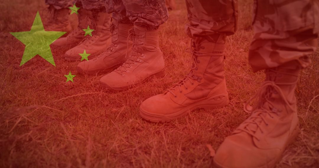 Chinese Flag Overlaying Soldiers Standing Together on Grass