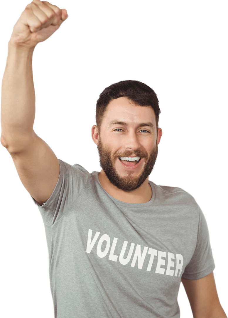 Transparent Background Cheering Volunteer with Gray T-shirt