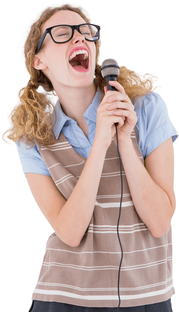 Transparent Geeky Woman Joyfully Singing with Microphone