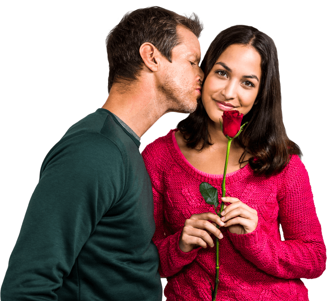 Man Kissing Woman Holding Rose on Transparent Background