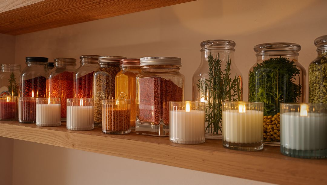 Warm rustic kitchen shelf displaying glass spice and herb jars with lit votive candles