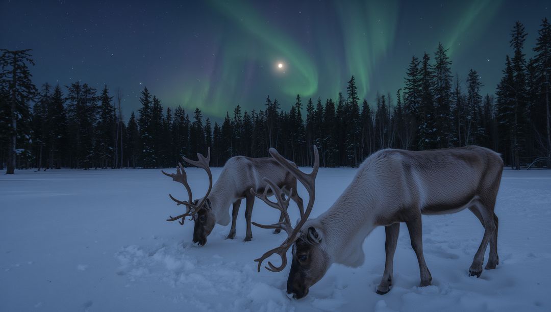 Grazing Trio Reindeer Under Dancing Aurora Borealis Over Snowy Boreal Forest Moonlit Night