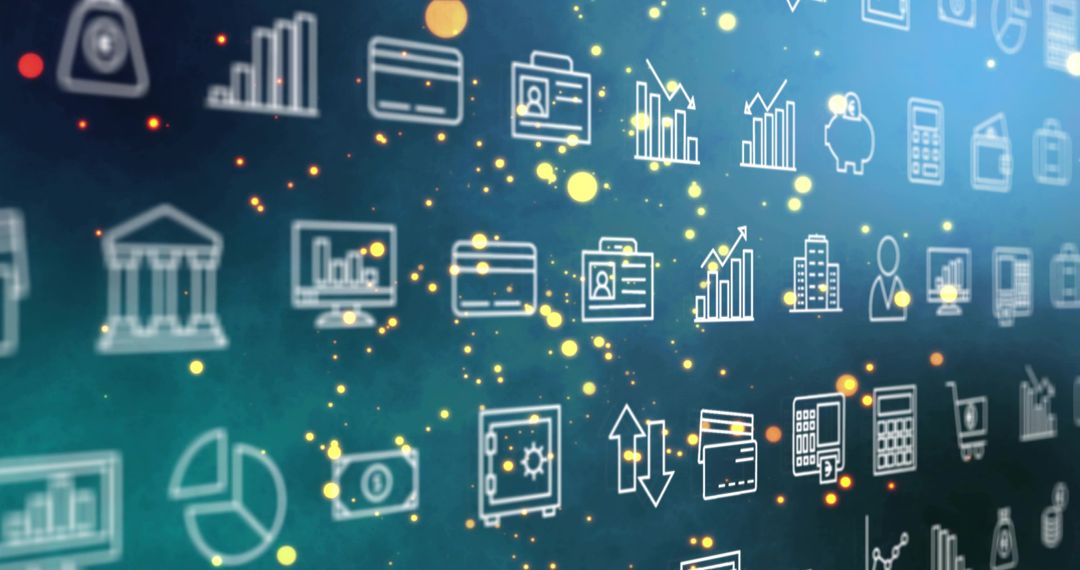 Floating financial icons on teal-to-blue gradient with glowing particles, fintech dashboard