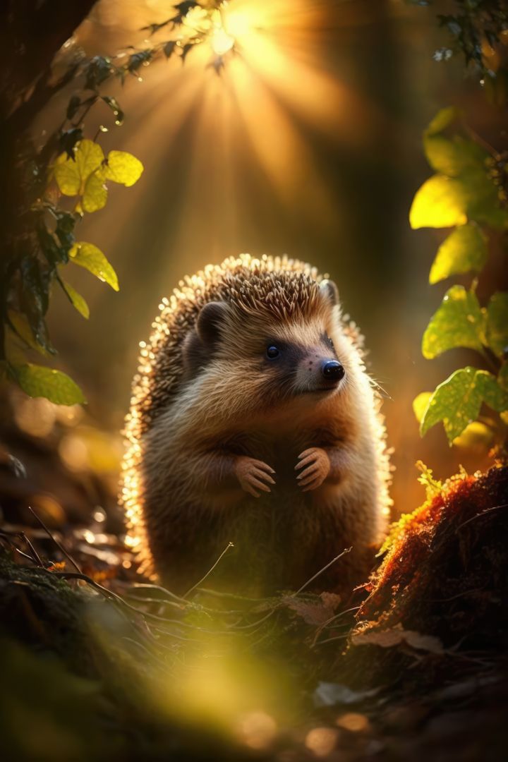 Close up of cute hedgehog in forest with sun shining, created using generative ai technology - Free Images, Stock Photos and Pictures on Pikwizard.com