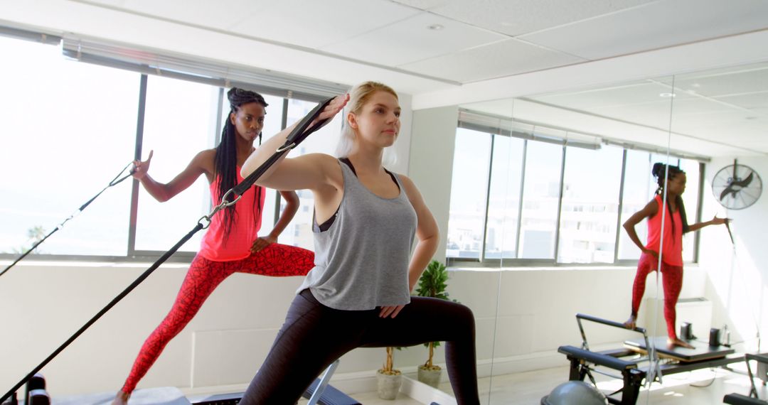 Women Practicing Pilates on Reformer Machines in Fitness Studio - Free Images, Stock Photos and Pictures on Pikwizard.com