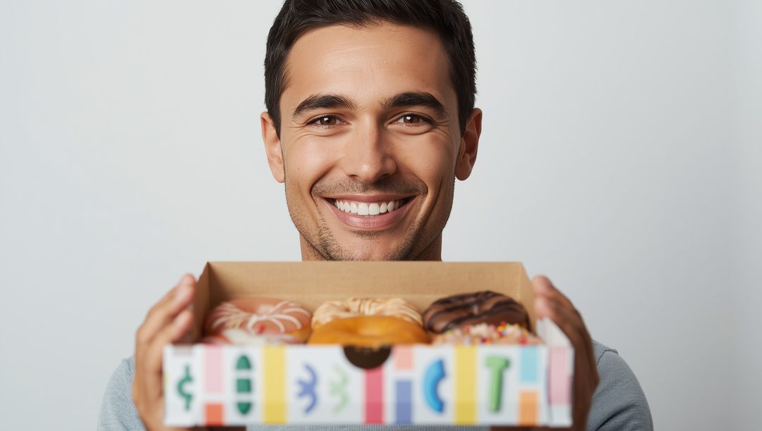 Smiling Man Holding Box of Assorted Donuts Indulging in Sweet Treats