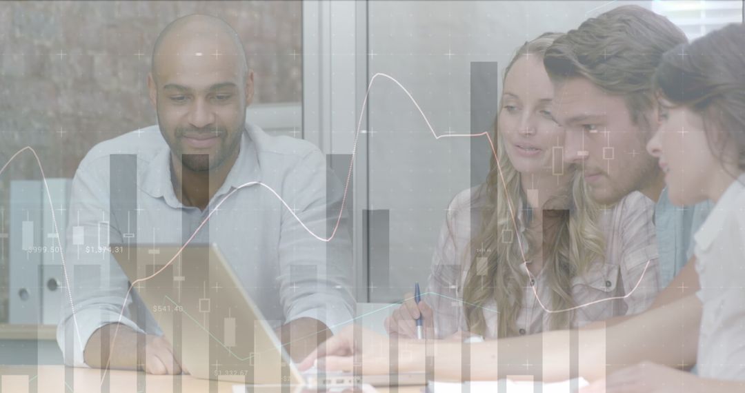 Team Analyzing Financial Data with Digital Interface Overlay