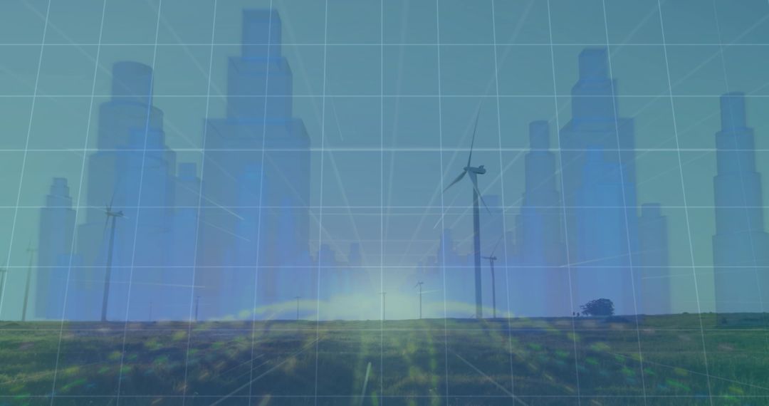 Futuristic Cityscape with Wind Turbine at Sunrise