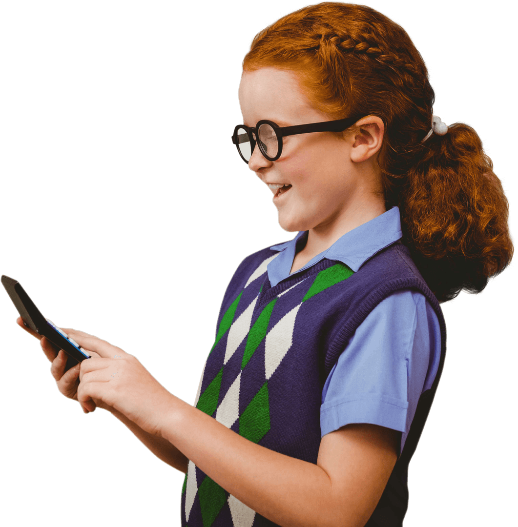 Smiling Red-Haired Schoolgirl Using Calculator on Transparent Background