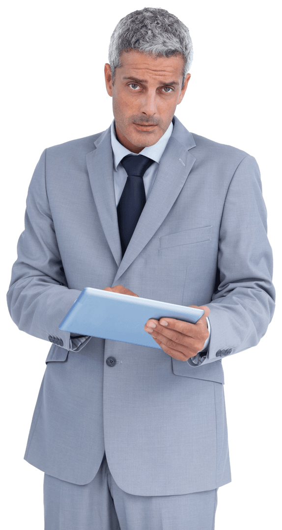 Serious Businessman in Suit Using Tablet Transparent Background