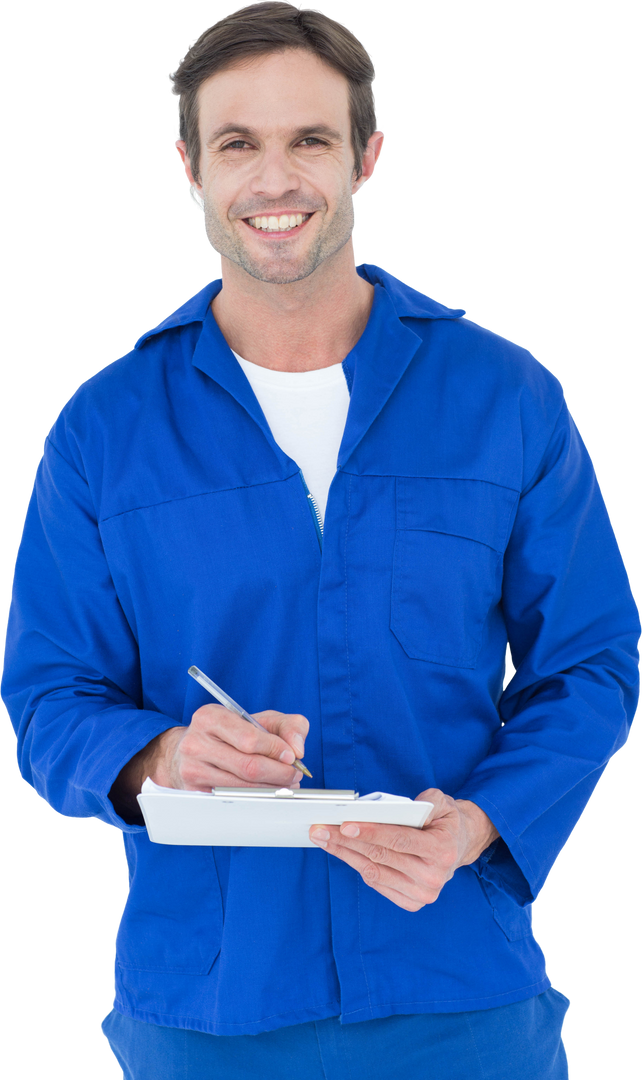 Confident Mechanic in Blue Coveralls Writing Notes on Clipboard with Transparent Background - Download Free Stock Images Pikwizard.com