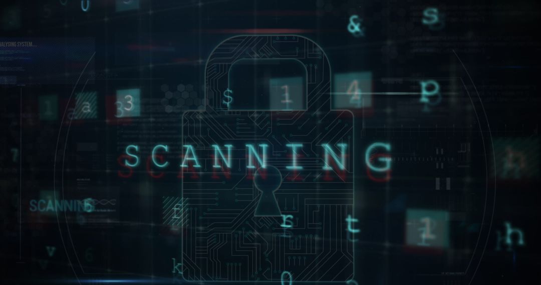 Digital Lock Icon and Scanning Text on Cybersecurity Background